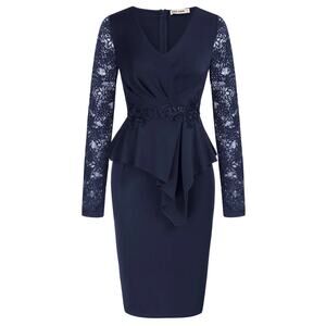 Grace Karin Elegant Knee Length Peplum Dress Lace Long Sleeve V-Neck Size 2XL